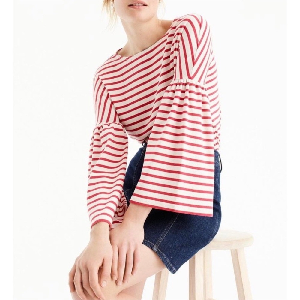 J. Crew 100% Cotton Nautical Bell Sleeve Red White Striped Long Sleeve Top Small